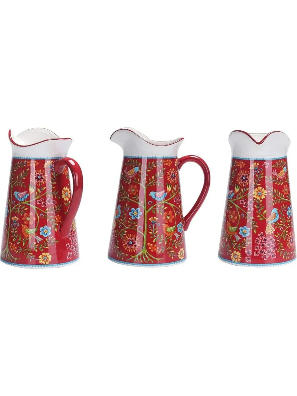 Red Ceramic Pitcher 2.5 Quarts with Handle - Decorative Vase for Flowers